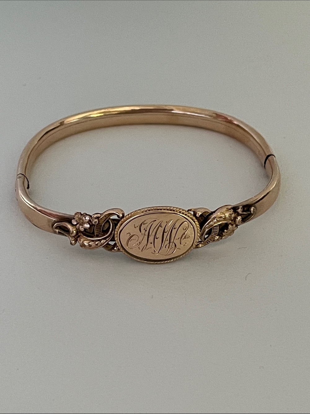 Vintage Gold tone Hinged Bangle Bracelet Engraved Monogram Floral Etched Antique